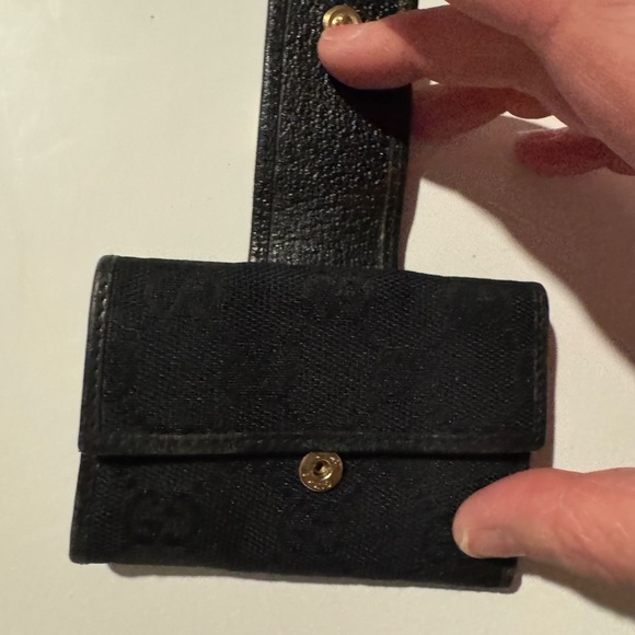 Gucci GG Monogram Black Key & Card Holder with Gold Accent